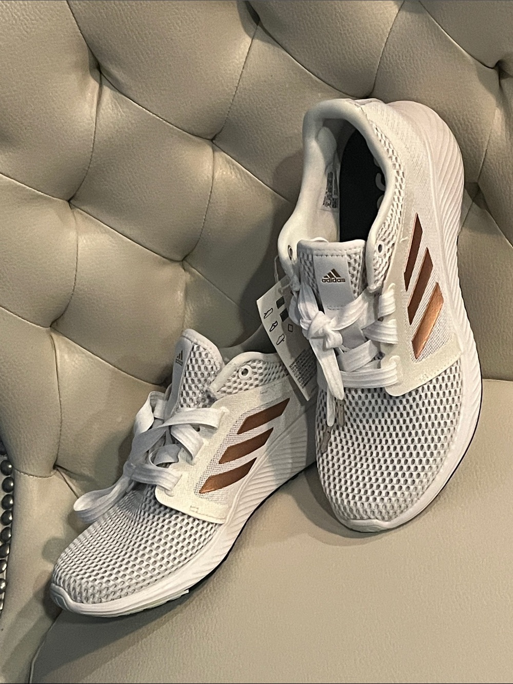Adidas White Mesh Running Sneakers with Rose Gold Stripes Eye Catching - Picture 1 of 10